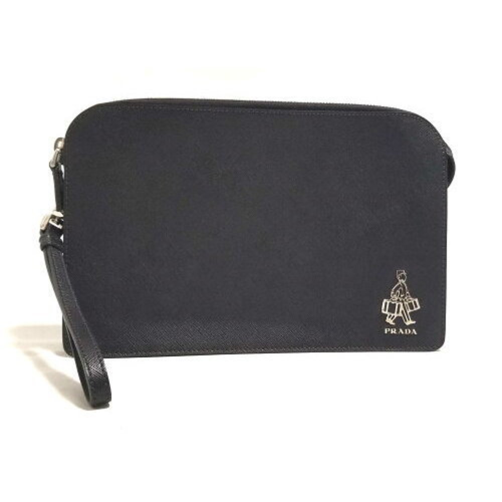 Prada Porter Shoulder Bag Clutch Leather Saffiano Black Logo